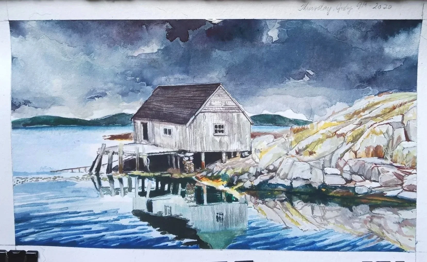 Watercolor Study of House and dock in an inlet with murky skies.