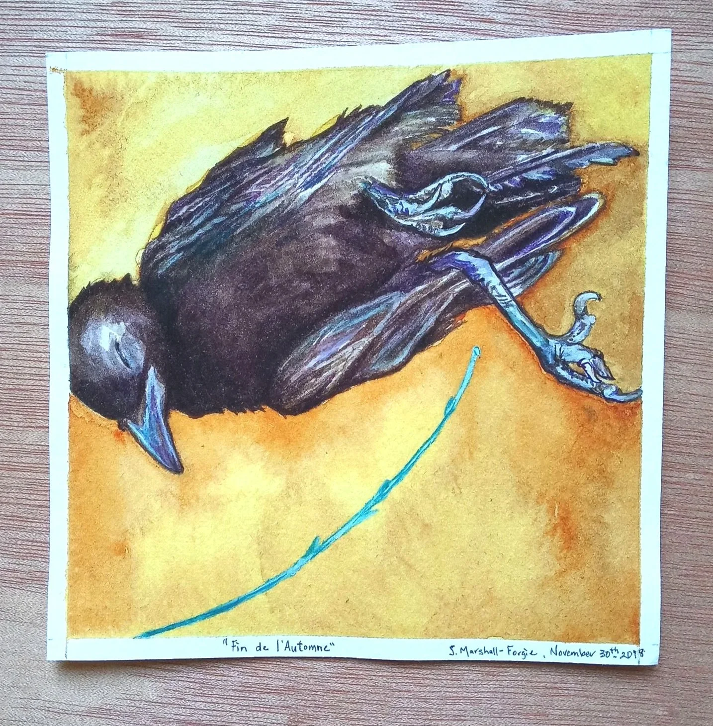 Watercolor Paintign of a Deceased Small Crow with a small light blue twig in mellow yello background.