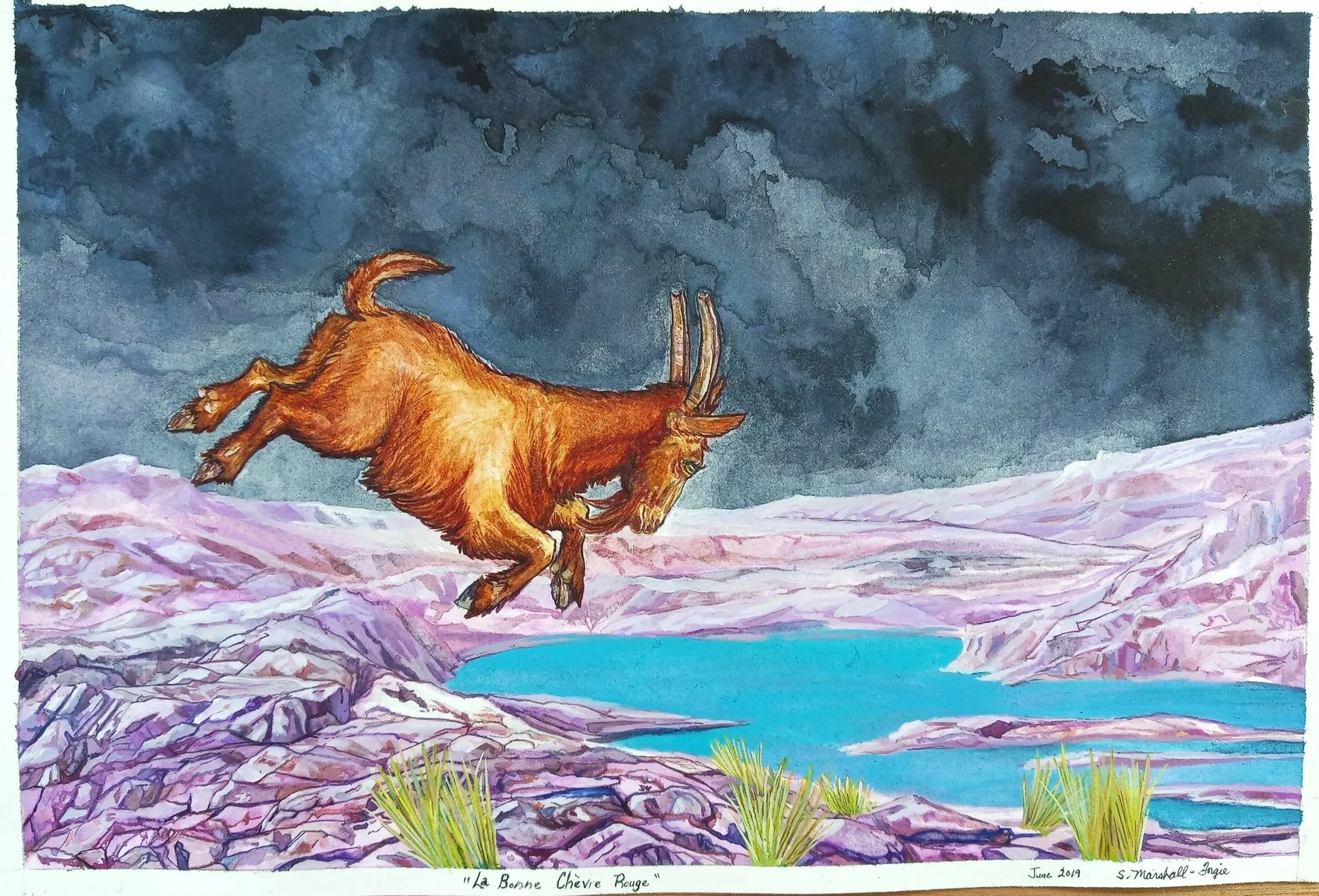 Watercolor Painting of downward leaping auburn Billy Goat in purple rocky landscape with a small aqua reservoire against a Gray Turbulant Skyscape.
