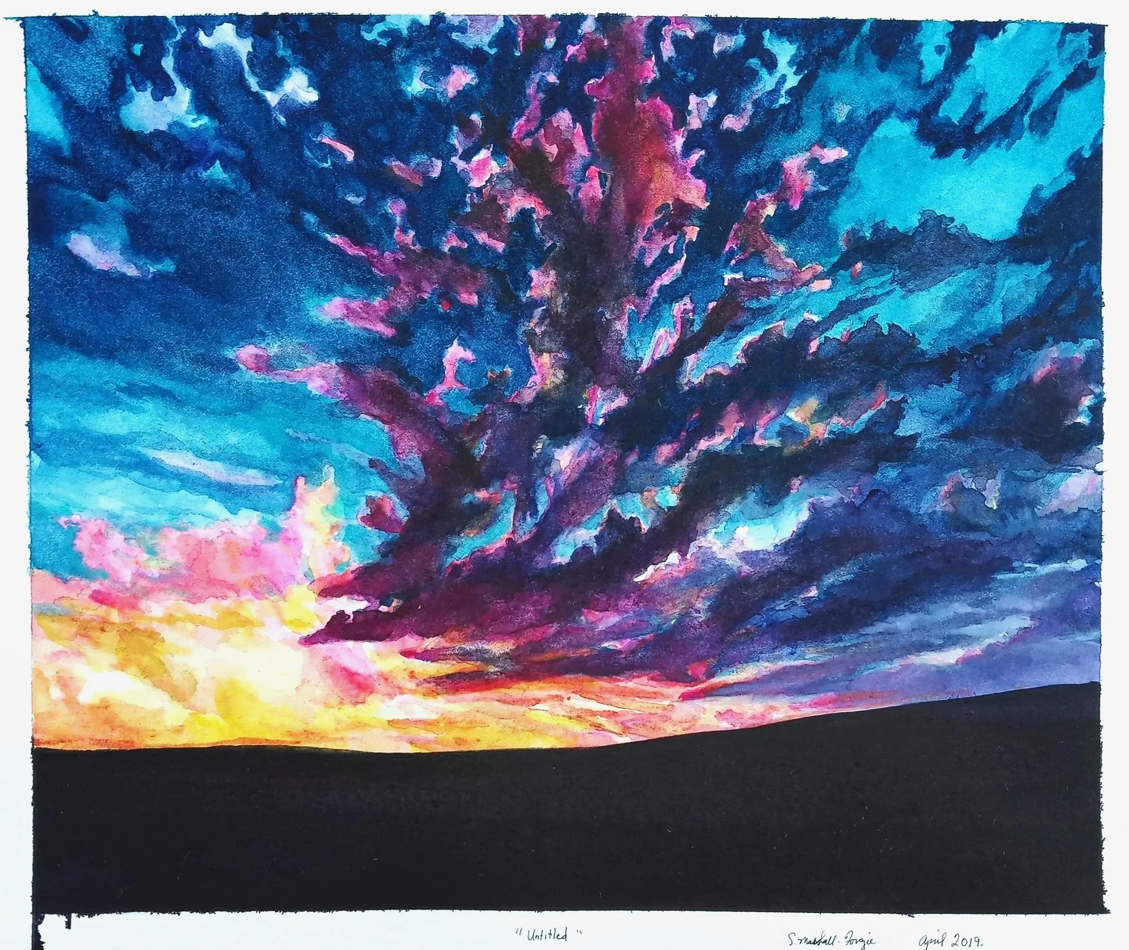 Watercolor Painting of the end of day skyscape with yellow, pink, purple skies with a black hill range.