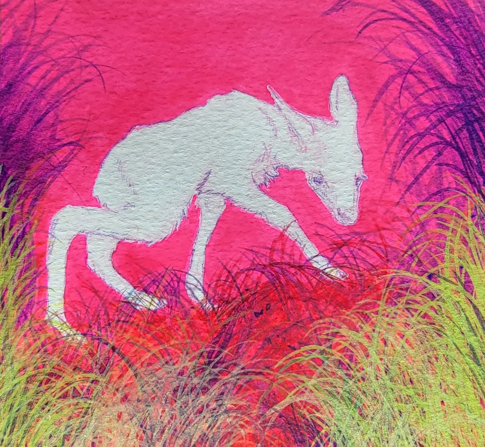Watecolor Painting of small albino fawn in bright neon pink field with yelllow and purple grasslands.