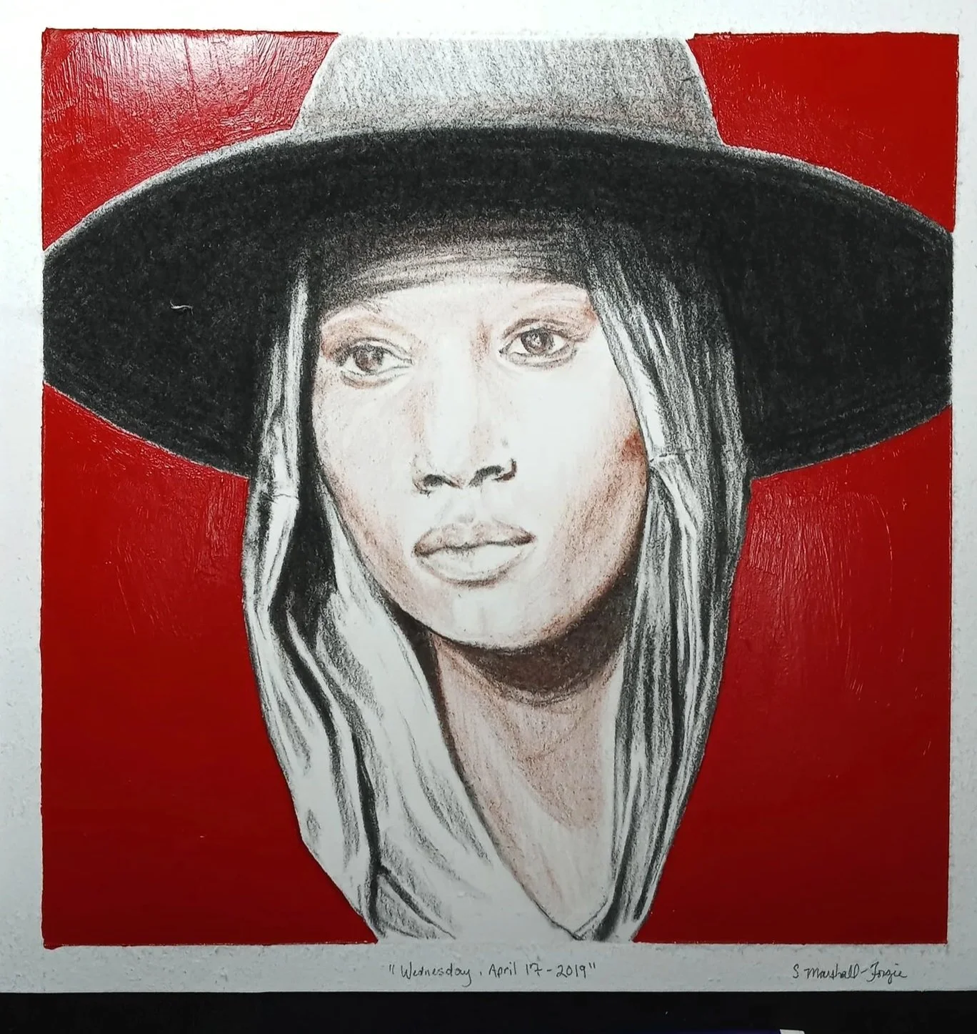 Portrait Drawing Study of African American Woman wearing a long brimmed hat and a drapped scarf.