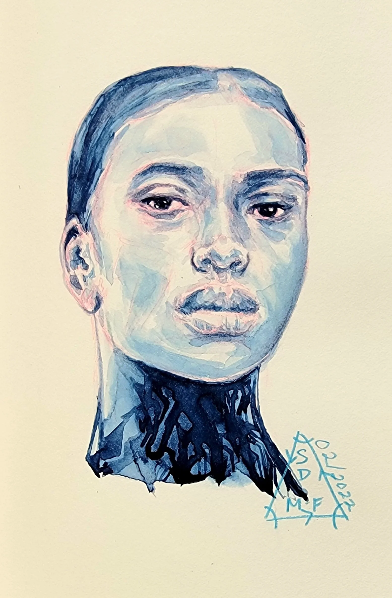 Watercolor Portrait Study of African American Woman in Navy blue paint and light background.