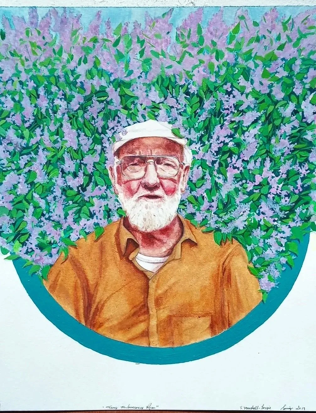 Watercolor Portrait  Painting with lilac bushes.