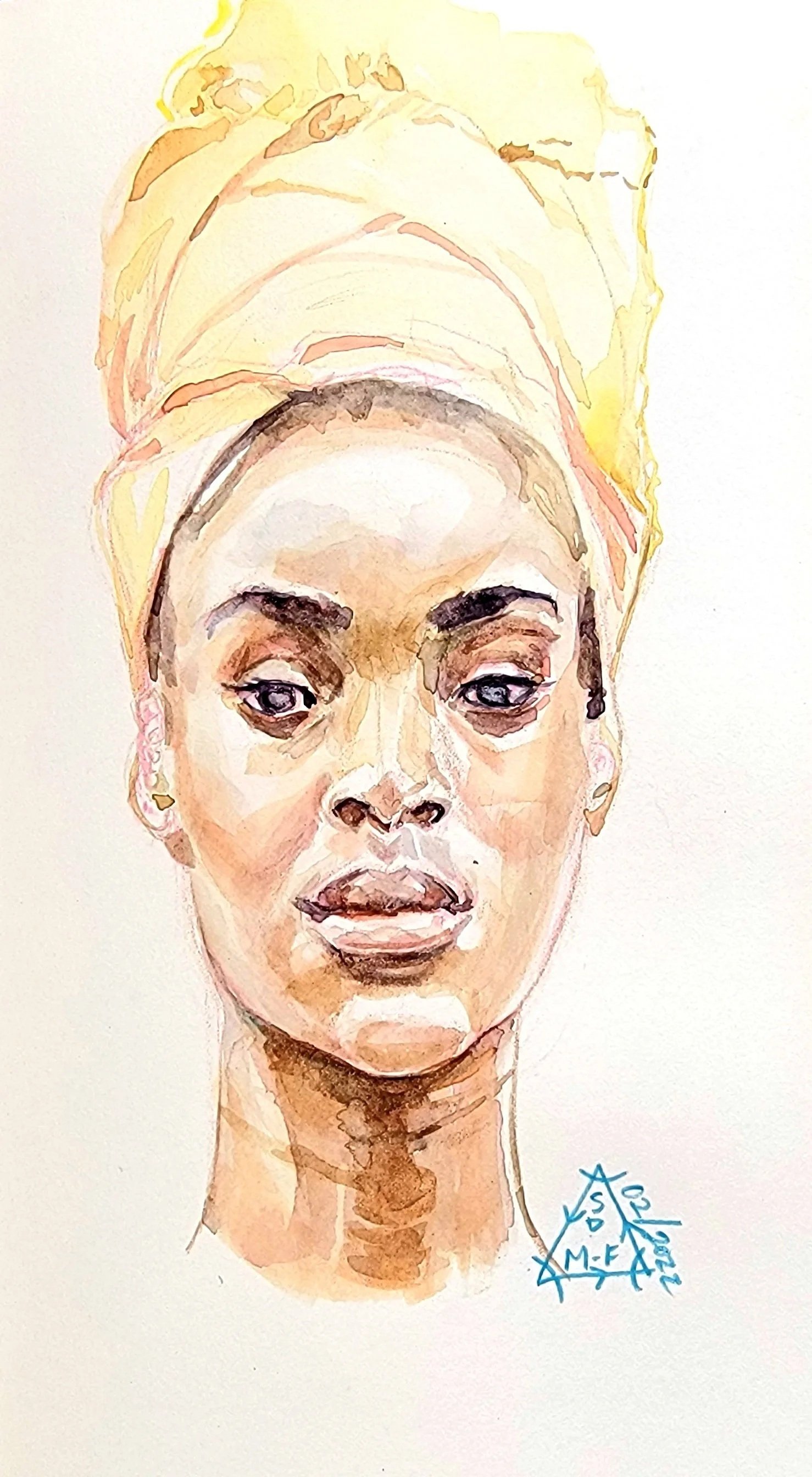 Watercolor Portrait Study of African American Woman with light yellow headscarf.