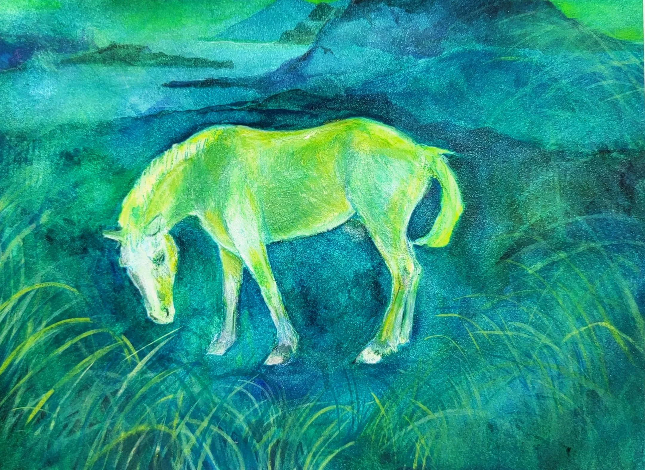 Watercolor Painting of a green yellow horse in an atmospheric blue green lake and mountain region.