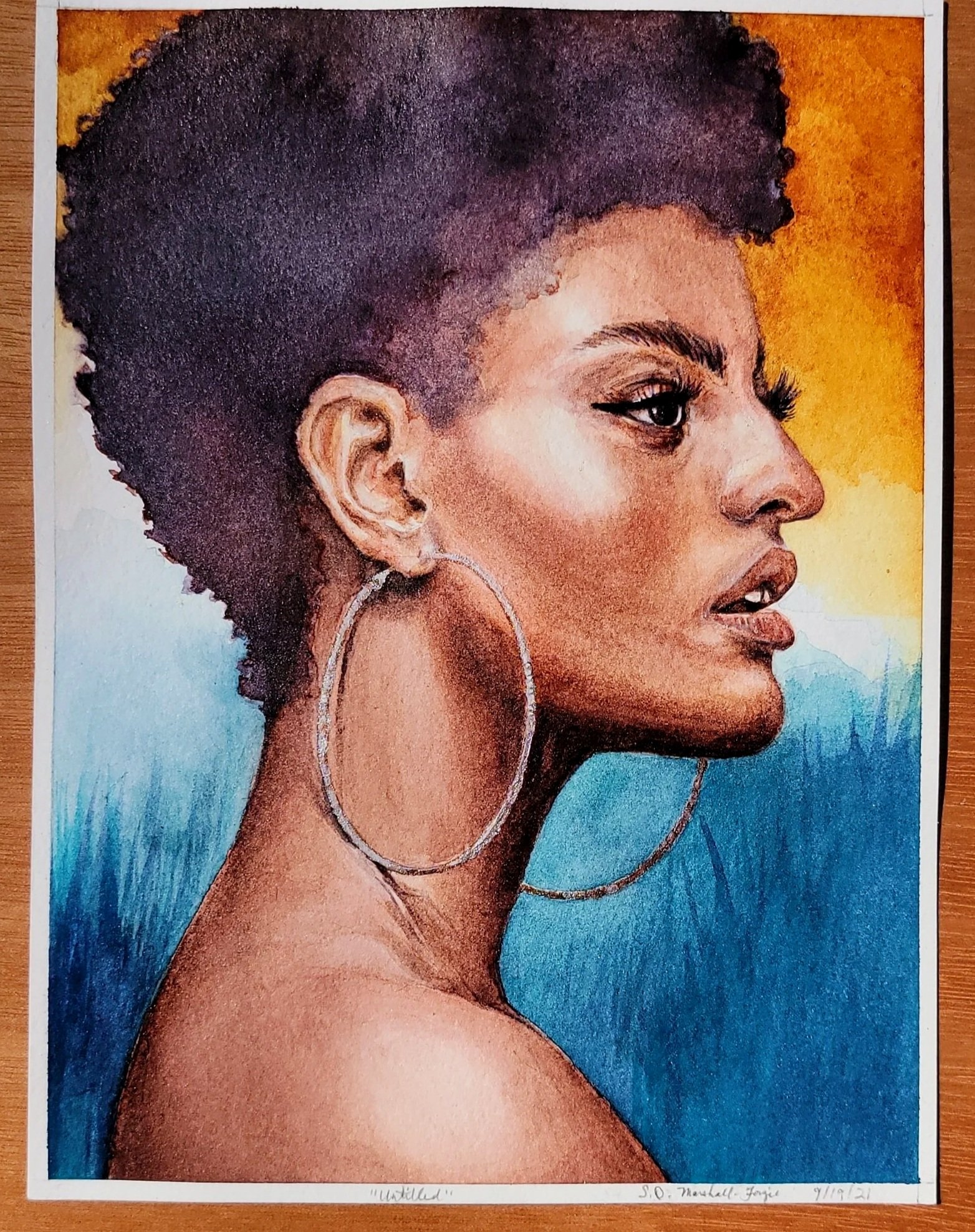 Watercolor Painting Study of young short haired African American woman with delicate silver hoop earrings and violet short hair. The study has orange to blue background.