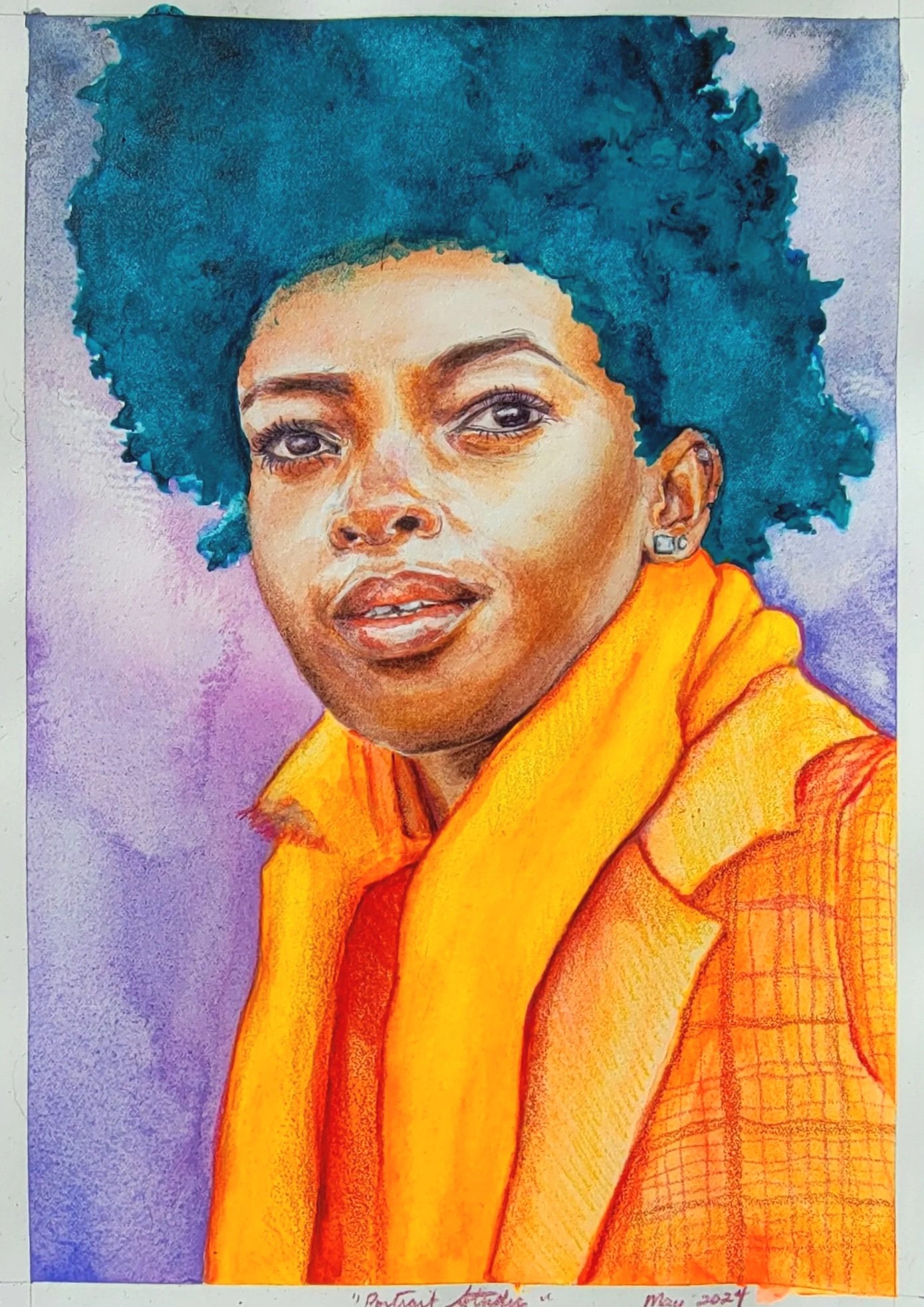 Watercolor Portrait Study of African Amercian Woman with a teal afro and an orange scarf and coat with light purple background.