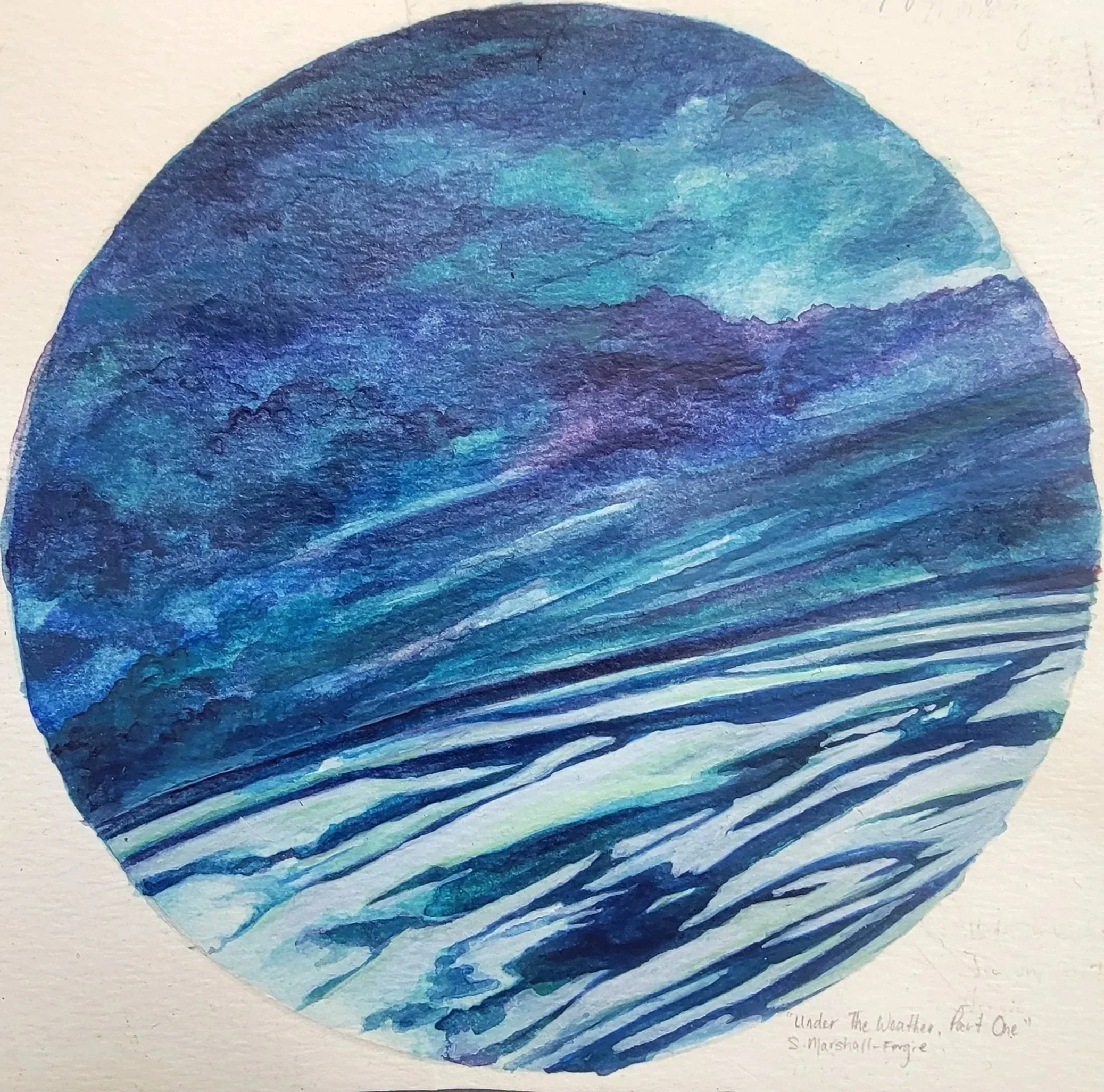 Watercolor painting: Arctic stormy landscape with long sea ice.