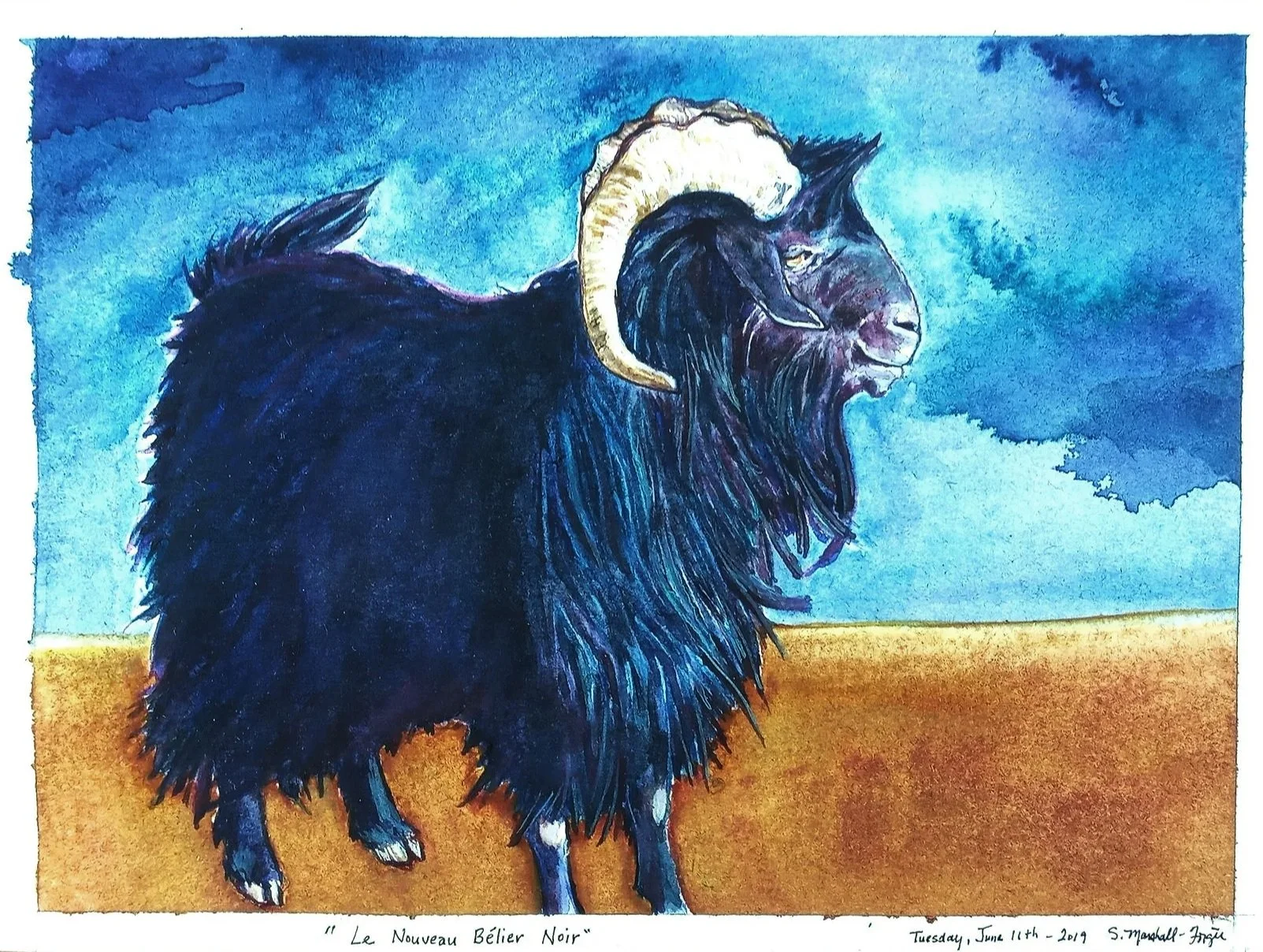 Watercolor Painting of Dark Blue Billy Goat with yellow groundscape and blue sky.