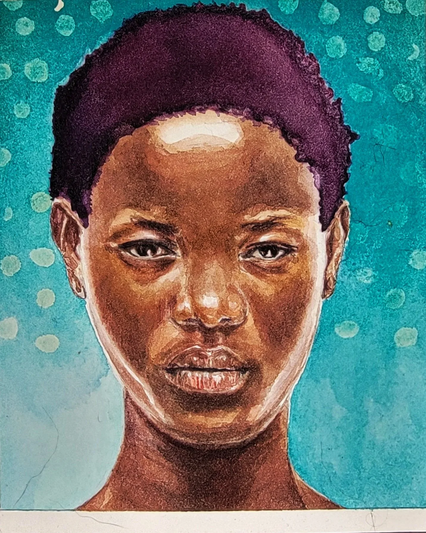 Watercolor Portrait Study of African Woman with violet hair and aqua background with some bubbles