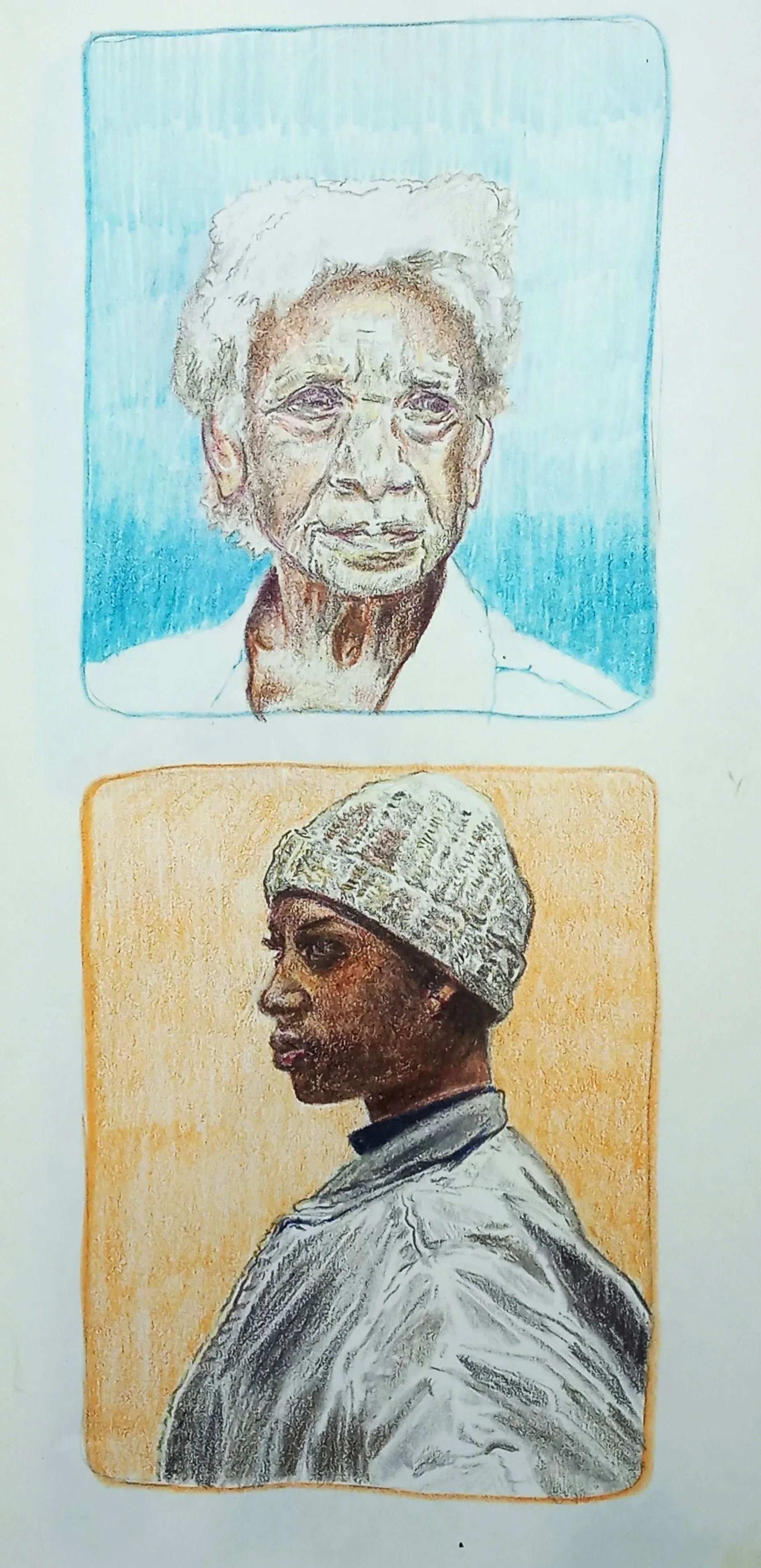 Colored pencils portrait drawing studies of 2 African American woman at different stages of their lives.