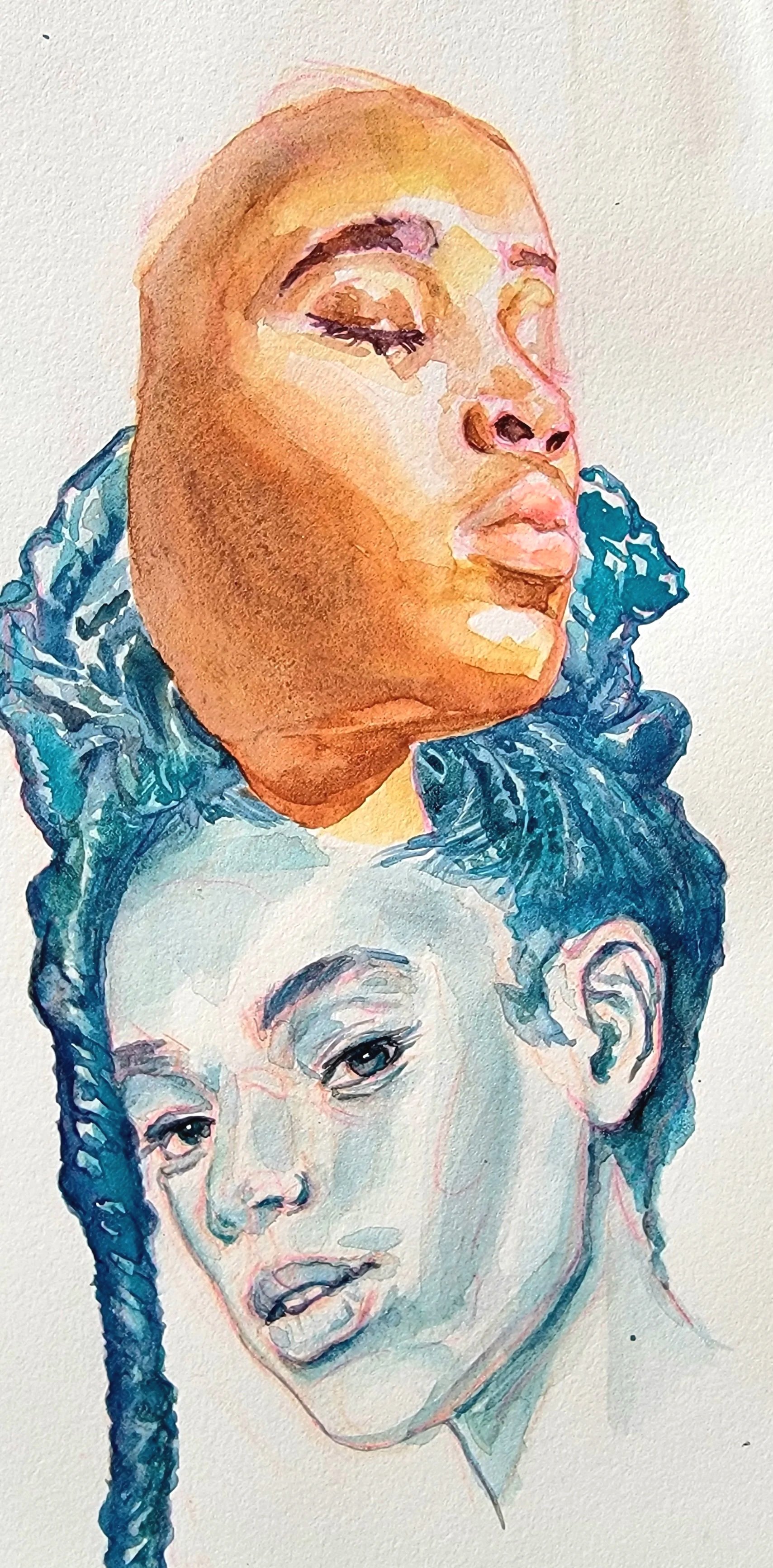 Double Watercolor Portrait Study of African American Women in browns and blue with a pale background.