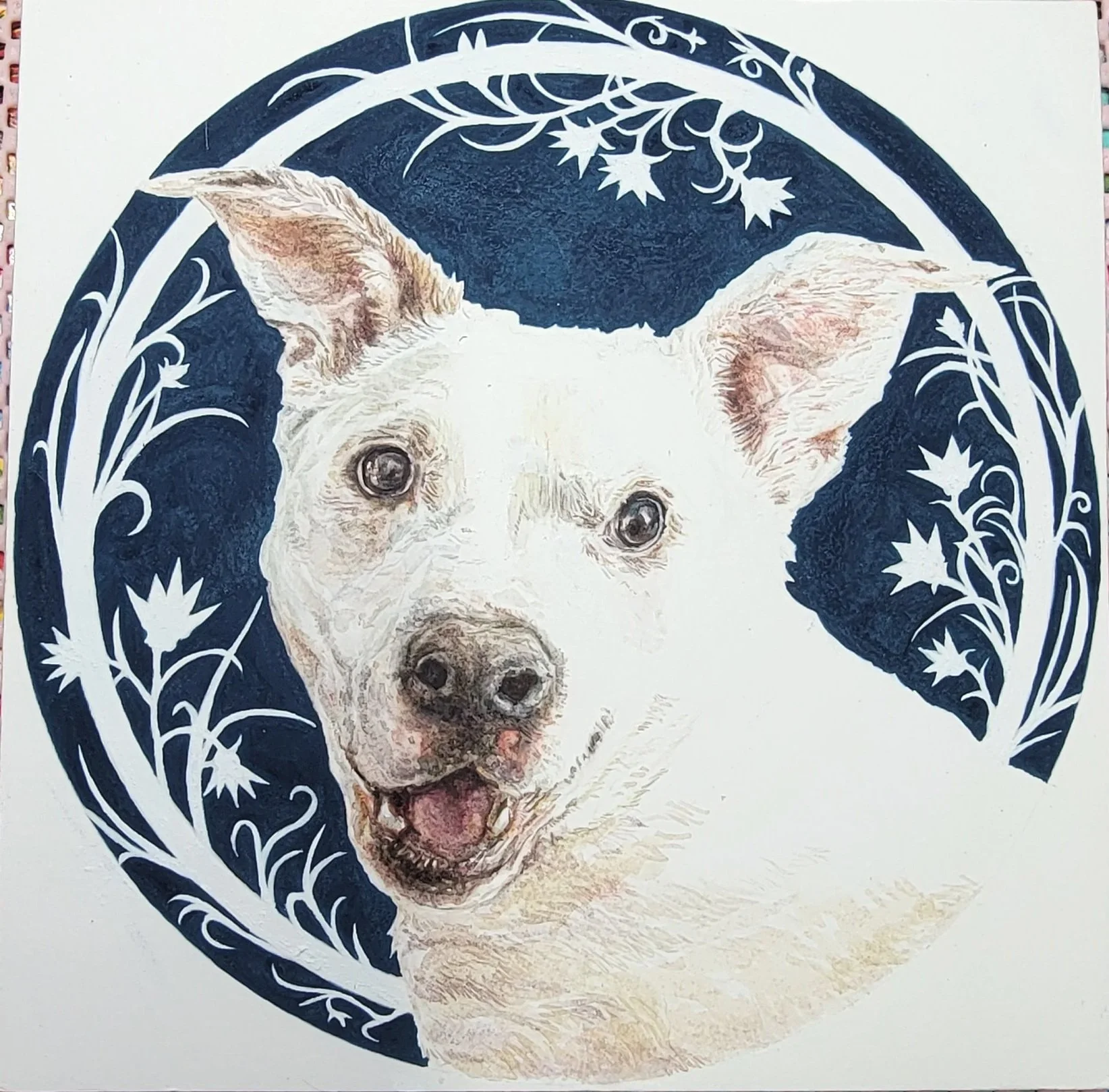 Watercolor Portrait Dog Painting. The white pibble dog is surrounded with white flora against a navy blue background.