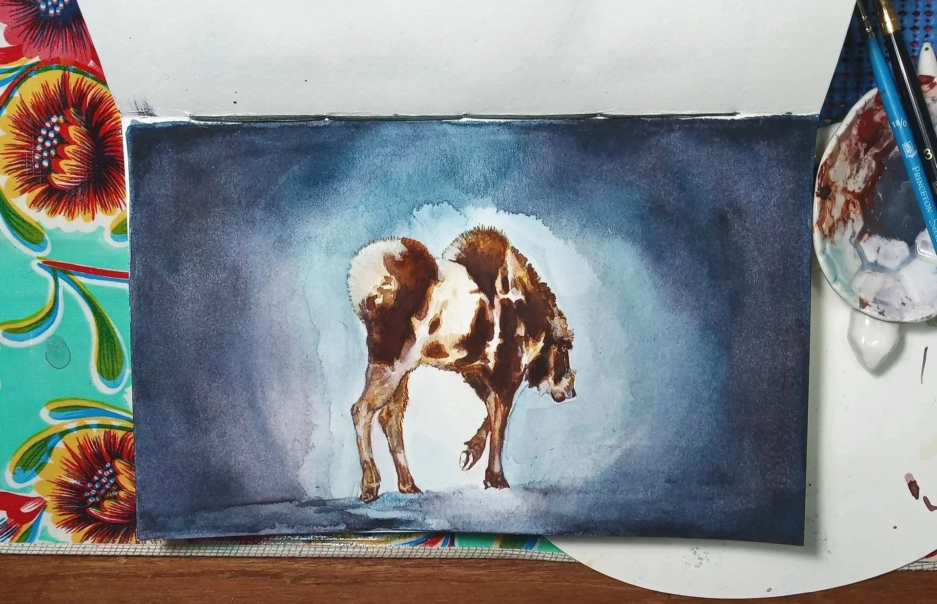 Small Watercolor Painting of Juvenile Piebald Moose walking in blue plume winter background.