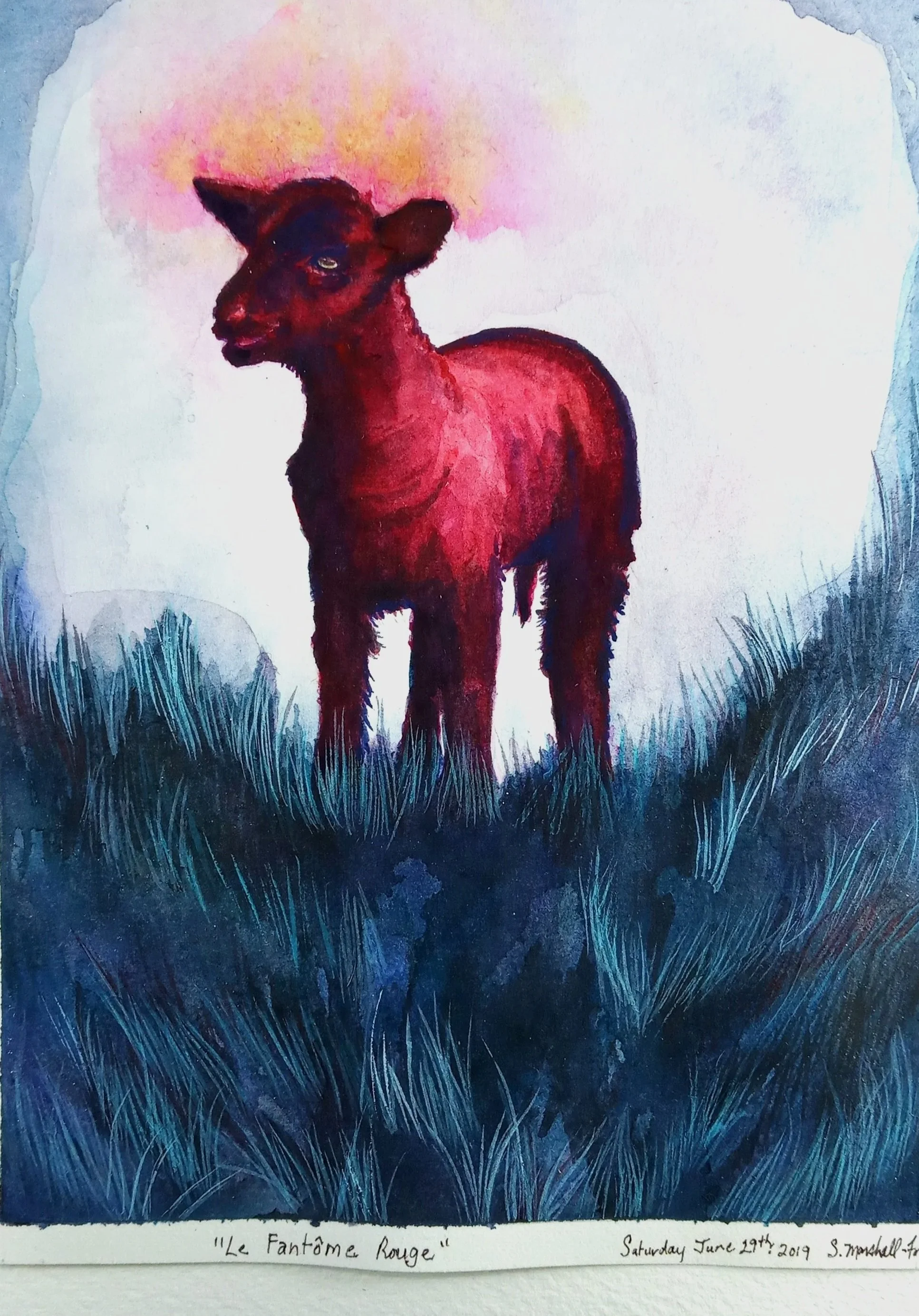 Watercolor Painting of red lamb and slightly burning headpiece in a blue field.