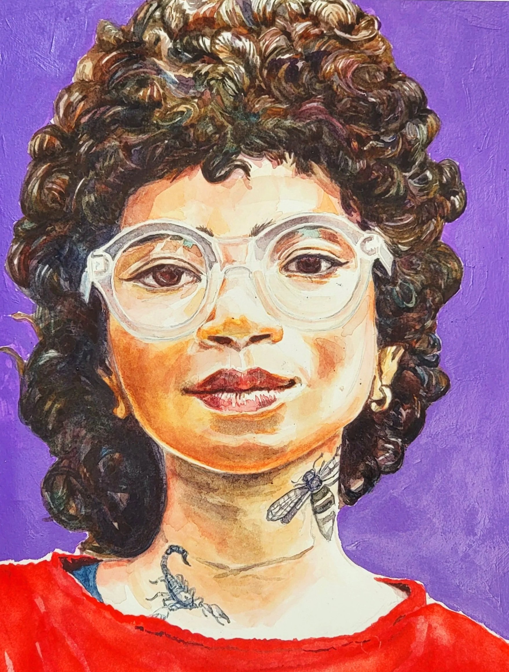Watercolor Portrait Study. A bespectacled curly haired young woman with scorpion and wasp tattoo in a red shirt with a purple background.