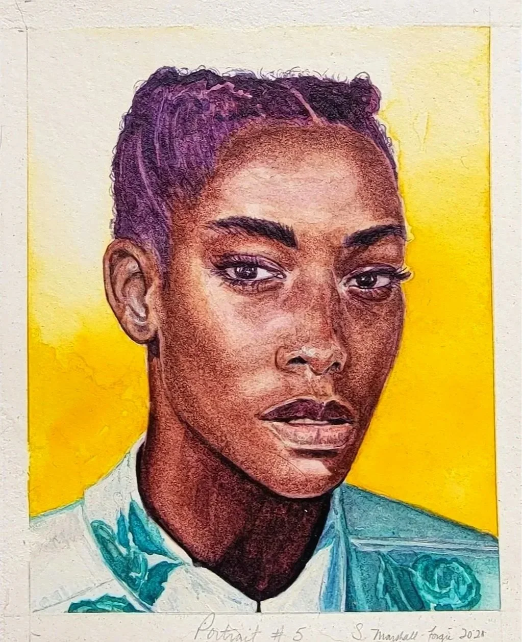 Watercolor Portrait Study of African Amercian woman with a yellow background.