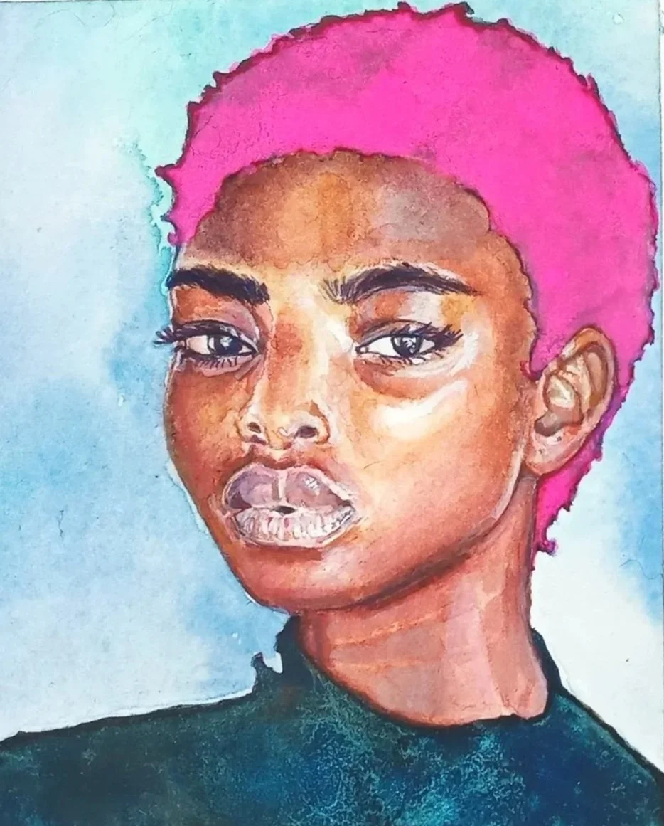 Watercolor Portrait Painting of a young African American Woman with pink hair and light blue background.