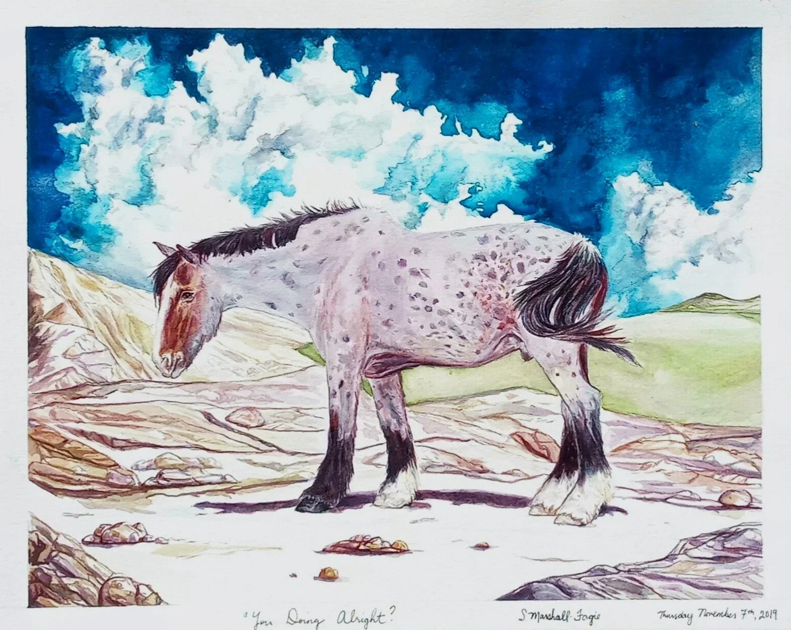 Watercolor Painting of Draft Mix Horse standing in rocky grasslands with high clouds in blue sky.