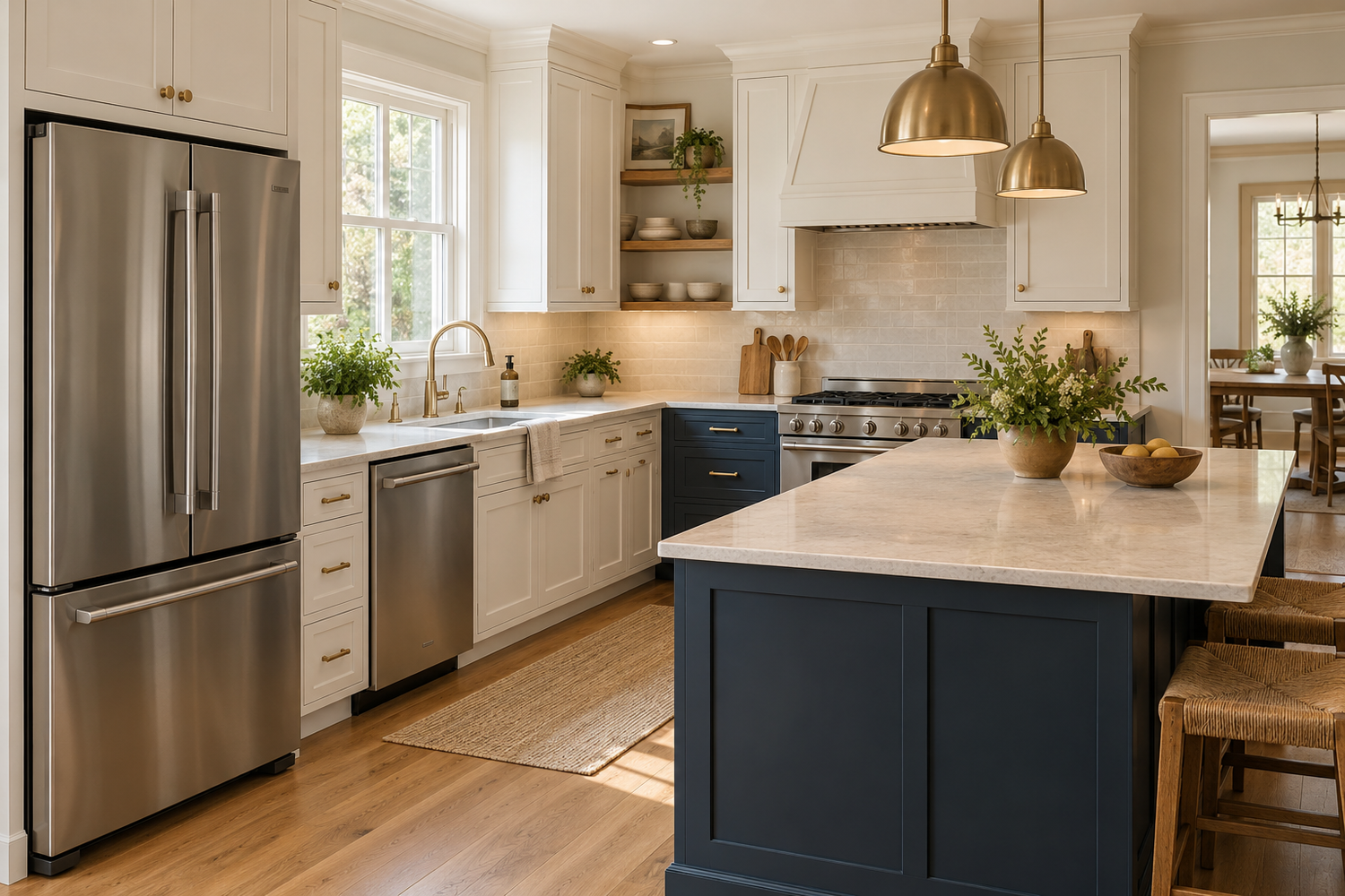Stainless steel appliances in a bright kitchen with warm white and navy cabinetry