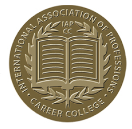 Gold-colored seal of the International Association of Professions related to Career College, featuring an open book and laurel wreath.