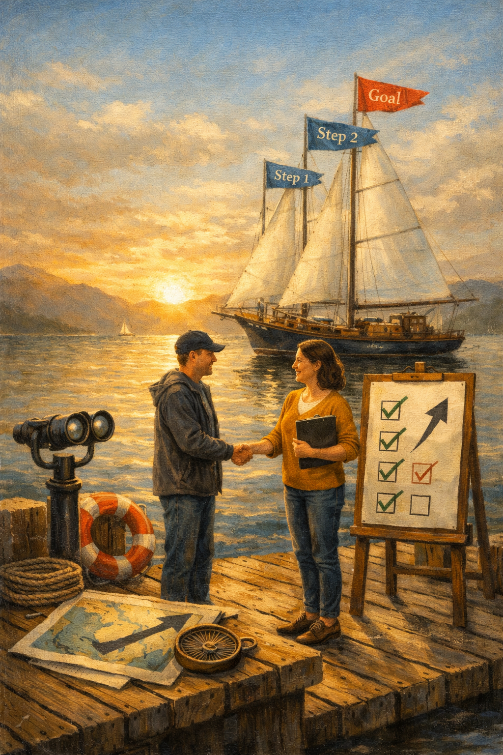 A woman and a man shake hands on a wooden dock during sunset, with a large sailing ship in the water behind them. The woman holds a clipboard, and there is a whiteboard with checkmarks and an upward arrow nearby. There are binoculars, a life preserver, ropes, and a map on the dock.