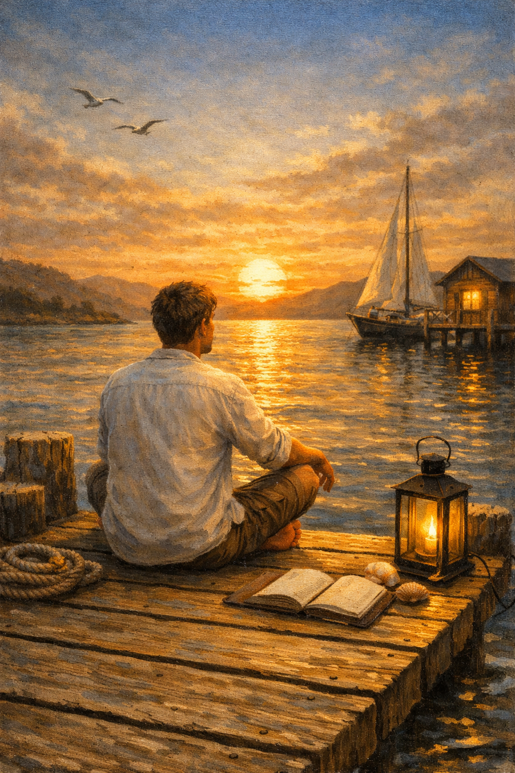 A man sitting on a wooden dock at sunset, with an open book, seashells, a lantern, and a coil of rope beside him, overlooking a sailboat on the water and distant mountains.