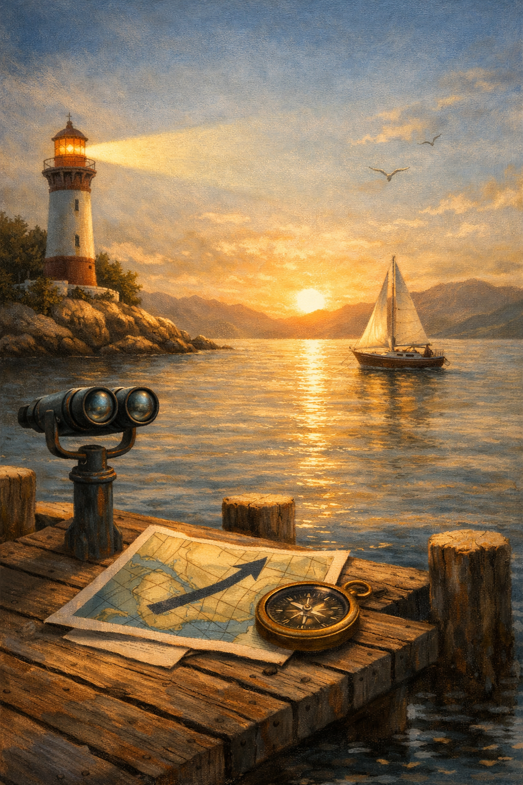 A lighthouse on rocky land by the water during sunset, with a sailing boat, seagulls in the sky, binoculars, a map with an arrow, and a compass on a wooden dock.