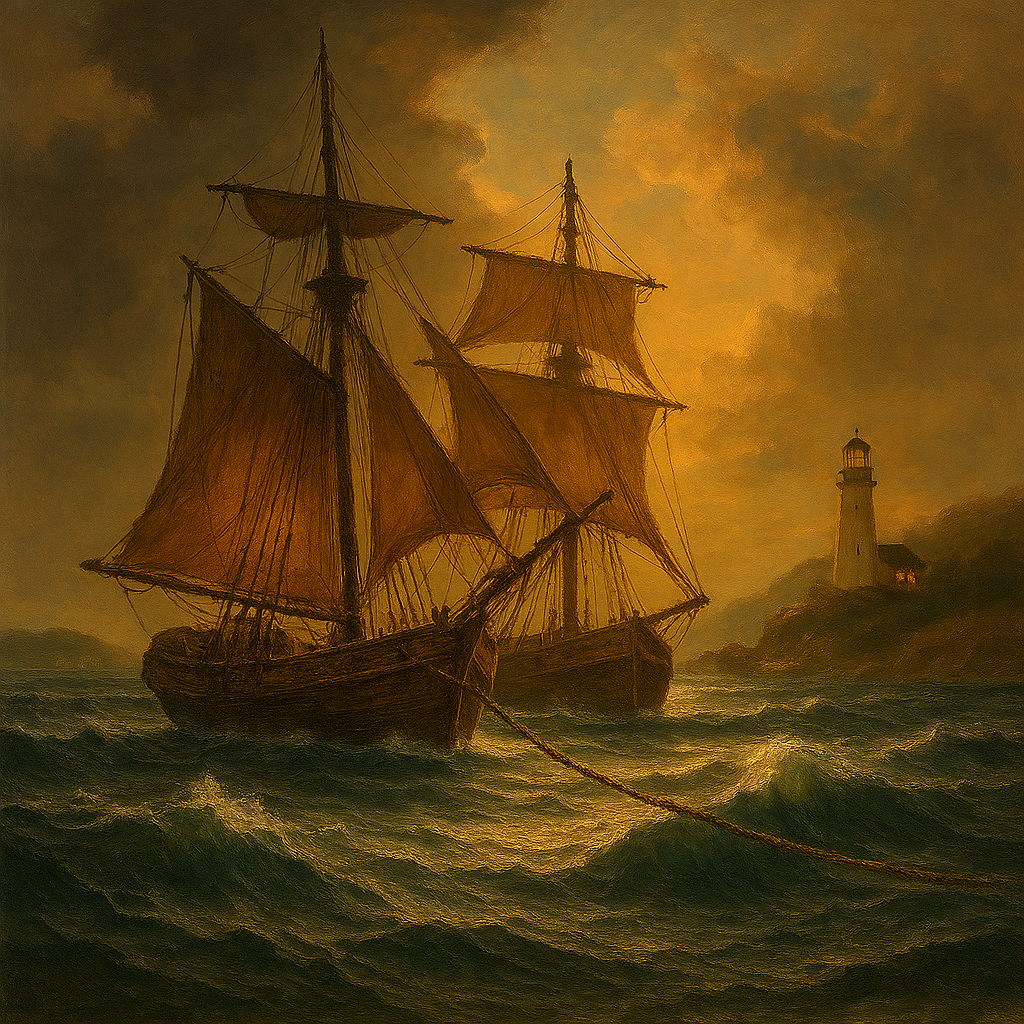 An old sailing ship with brown sails navigating through choppy waters during sunset, with a lighthouse on a distant rocky coastline in the background.