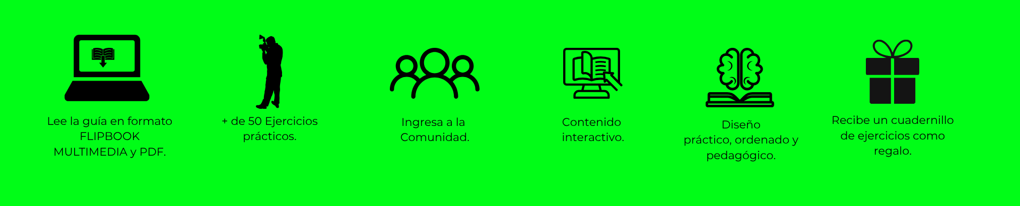 Información sobre un recurso educativo digital: guía en formato flipbook multimedia PDF, más de 50 ejercicios prácticos, comunidad para ingresar, contenido interactivo, diseño pedagógico ordenado, y un regalo de cuaderno de ejercicios.