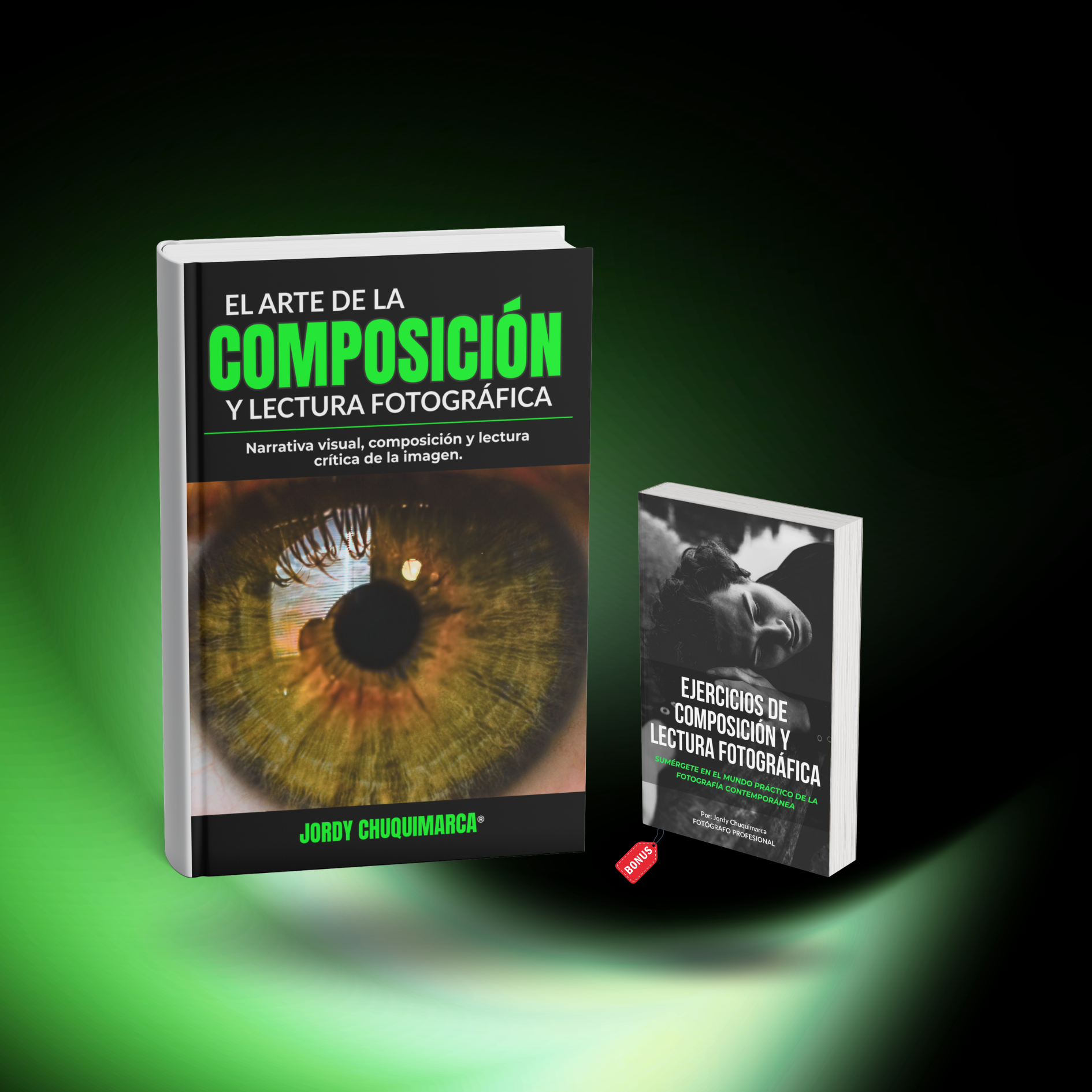 Portada de un libro negro con letras verdes y blancas que dice 'El arte de la composición y lectura fotográfica' con una imagen de un ojo en la portada. También hay un segundo libro más pequeño con portada en blanco y gris que dice 'Ejercicios de composición y lectura fotográfica'.