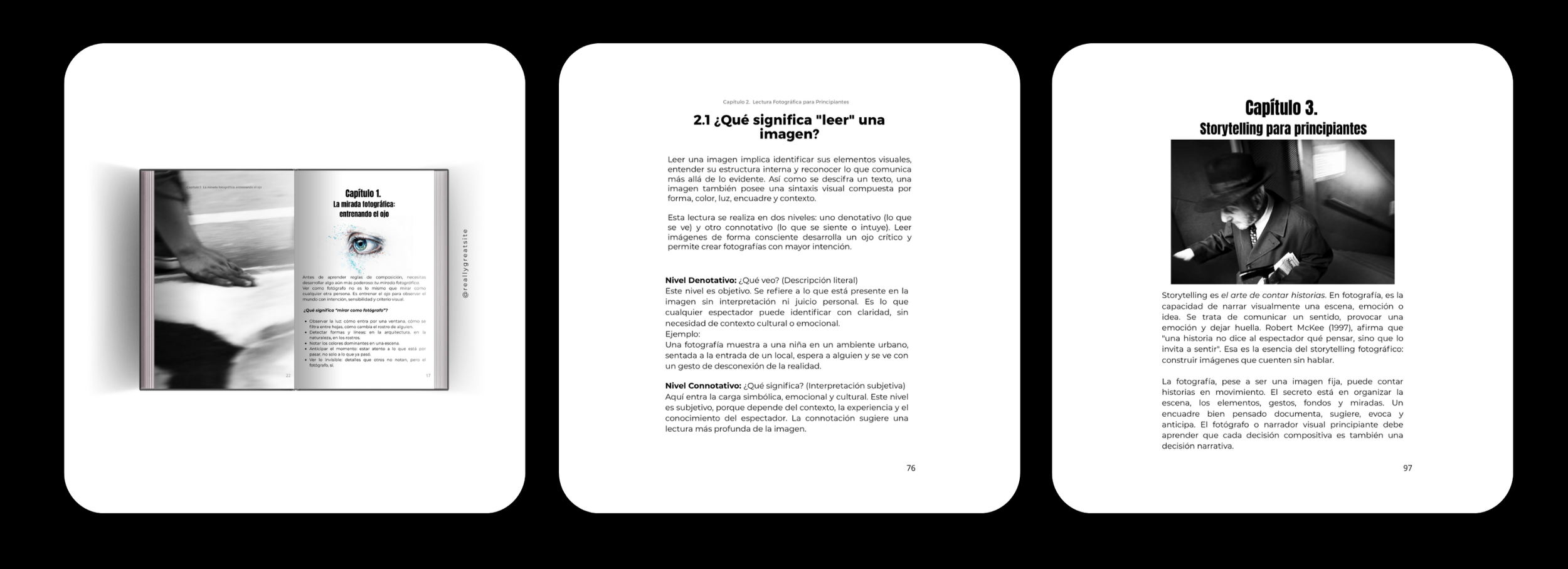 Capturas de páginas de un libro sobre fotografía, mostrando capítulos relacionados con la narrativa visual y la interpretación de imágenes.