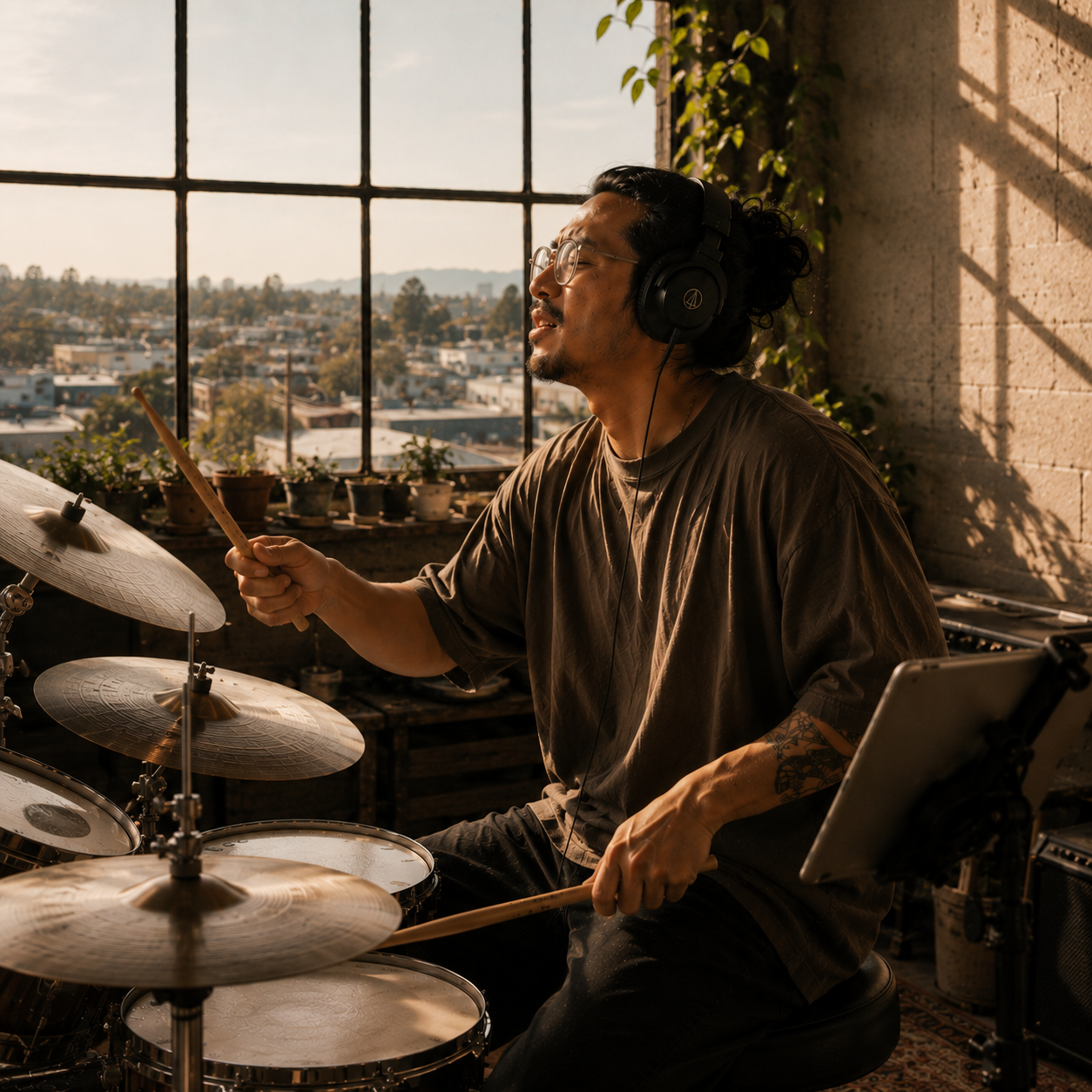 A man playing drums while wearing headphones, mid-motion, with a cityscape view through a large window behind him.