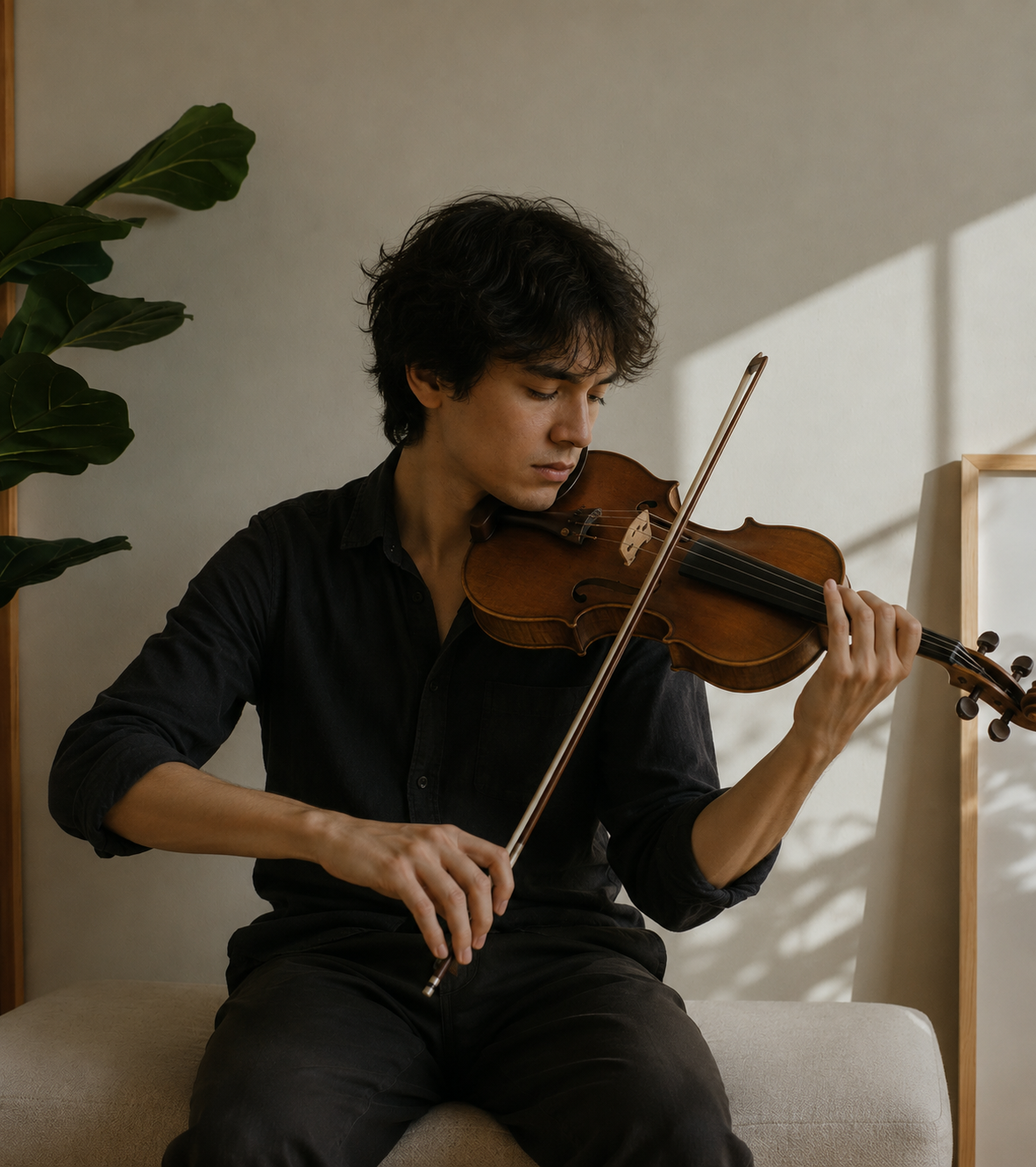 A man playing a violin while sitting on a beige couch in a room with natural light.