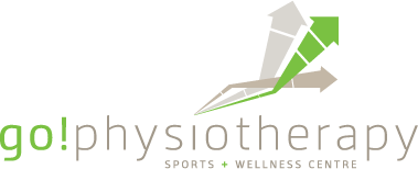 Logo for go!physiotherapy and wellness centre featuring a green arrow pointing upward with abstract human figures.