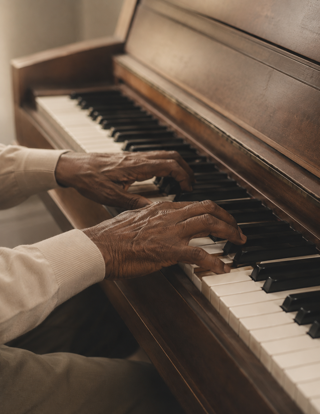 Close-up of elderly person's hands playing piano, wearing a beige long-sleeve shirt.