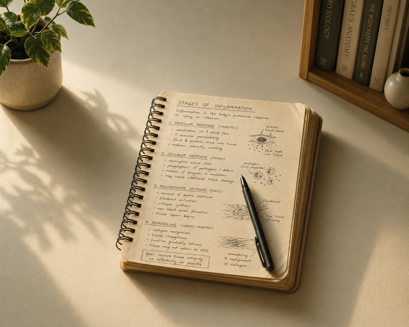 Open spiral notebook with handwritten notes on inflammation, with sketches of blood vessels, cells, and tissue, placed on a white desk with a black pen on top. To the left, there is a potted plant, and to the right, a bookshelf with books and a small white vase.