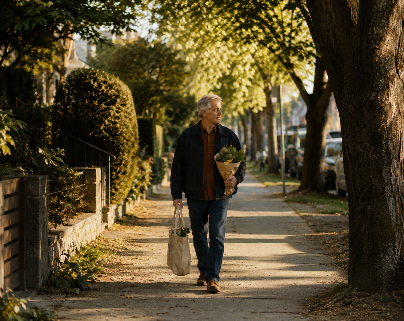 An older man walking down a tree-lined sidewalk in the late afternoon, carrying a bouquet of flowers in his arm and a tote bag in his hand.