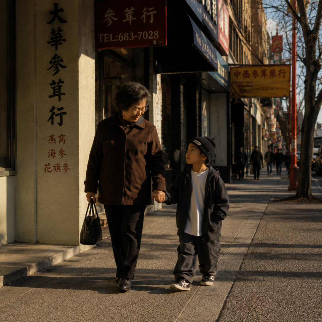 An elderly woman and a young boy walking on a city sidewalk holding hands, with storefronts and signs in Chinese characters in the background, during late afternoon.