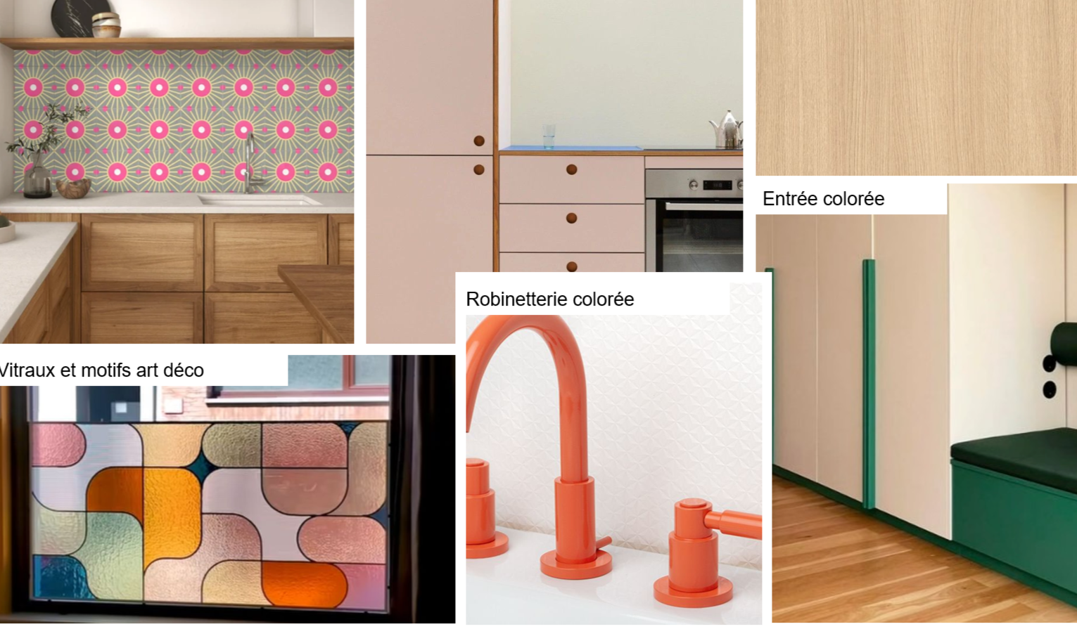 Différents éléments de décoration intérieure : une cuisine avec un dosseret coloré à motifs floraux roses, une porte en bois clair, une robinetterie de couleur orange, un meuble d'entrée coloré, des vitraux artistiques avec motifs géométriques, et un mur blanc avec un meuble vert foncé.