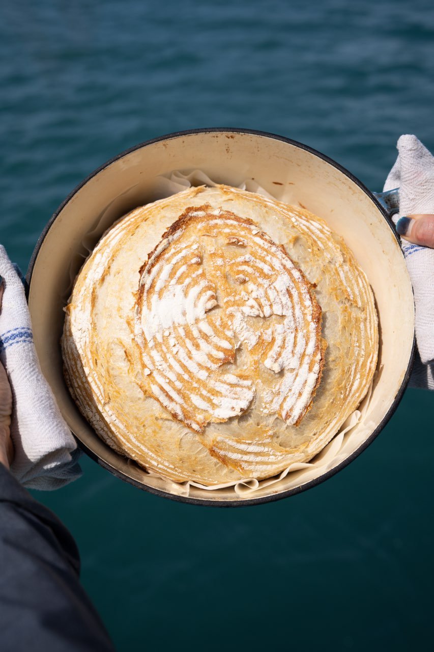 A person holding a round baking dish with a large, baked, layered pastry topped with powdered sugar, over a body of water.