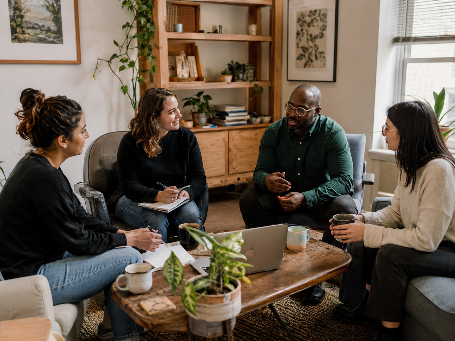 A group of five diverse therapists discussing their mental health clients cases