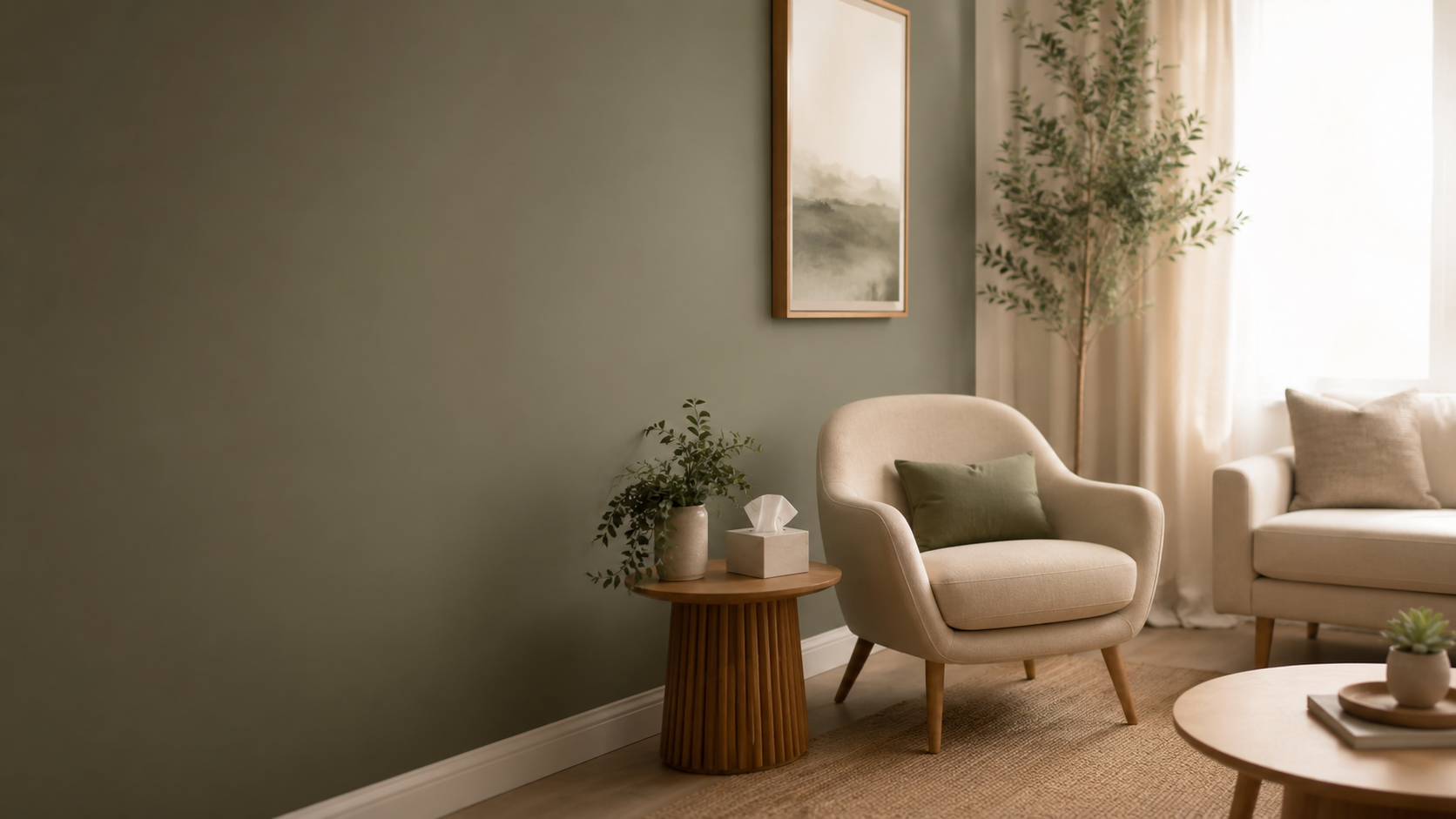 Therapy office with a green wall, a framed landscape painting, a beige armchair with a green pillow, a small round wooden side table.