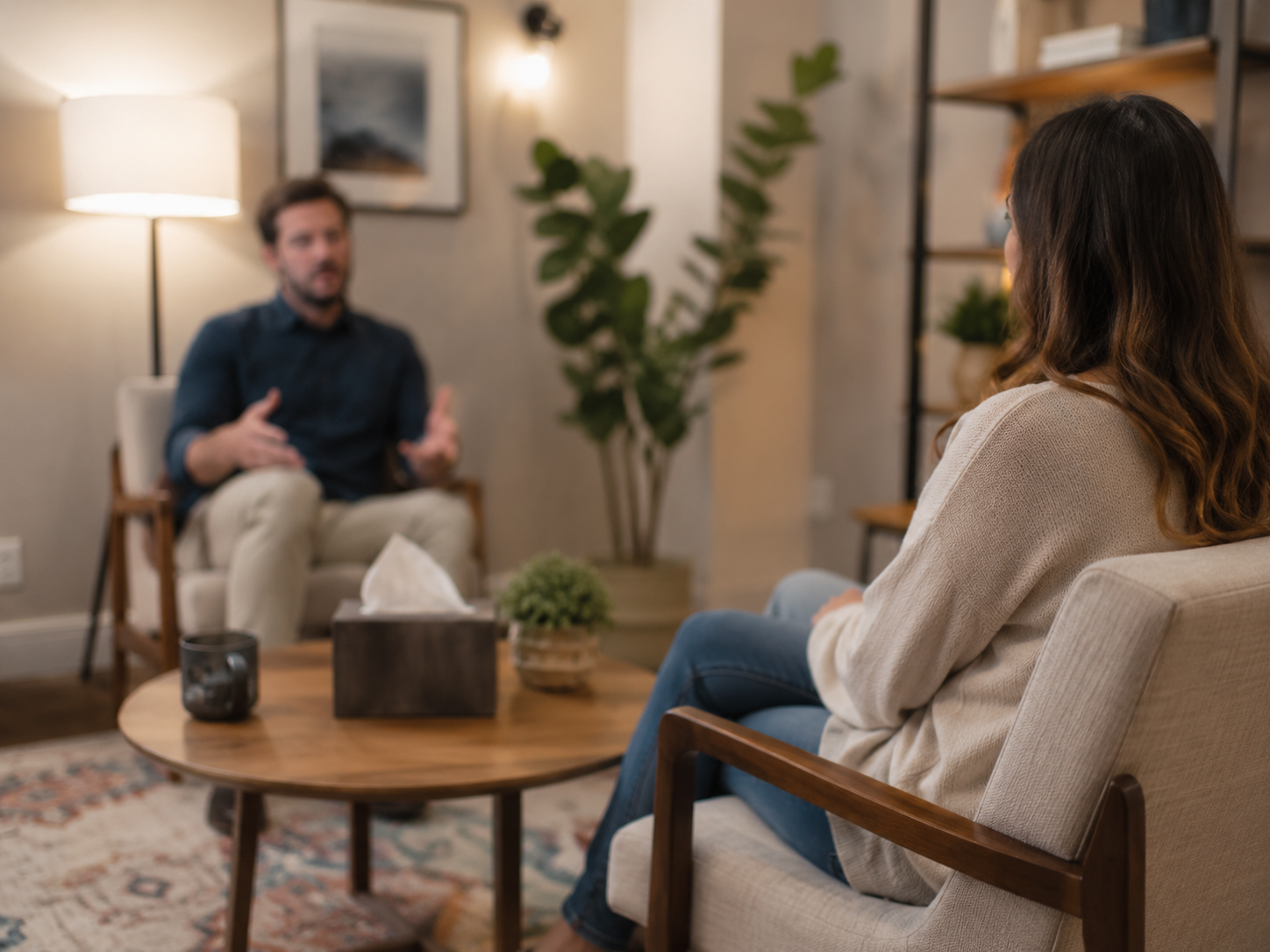 A woman is sitting on a sofa having a conversation with a man seated in a chair, in a cozy living room with warm lighting, plants, and a bookshelf.