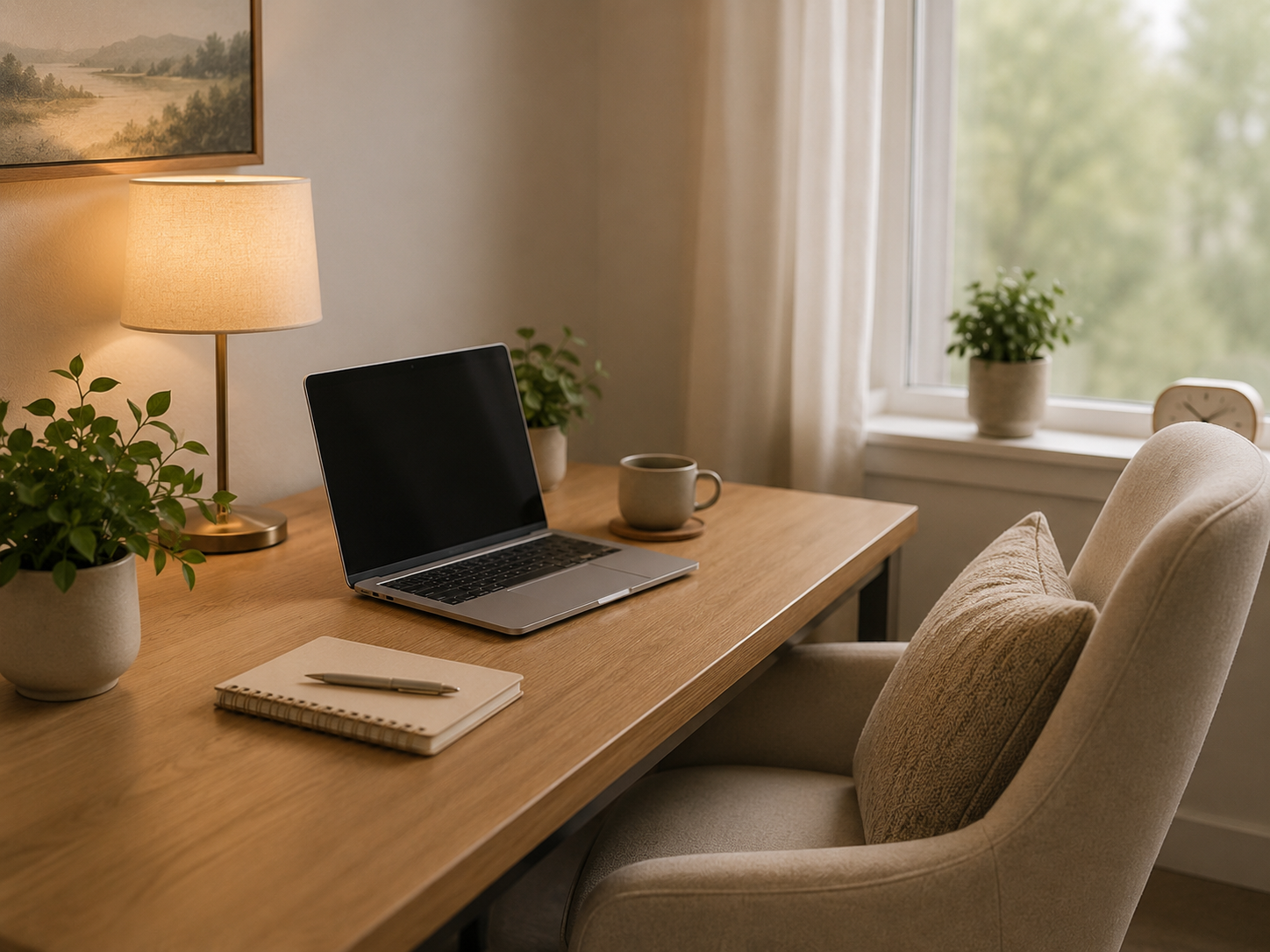 A therapy office in Fairfax, Virginia with a laptop, notebooks, pen, potted plants, a table lamp, a mug, and a window with curtains and greenery outside.