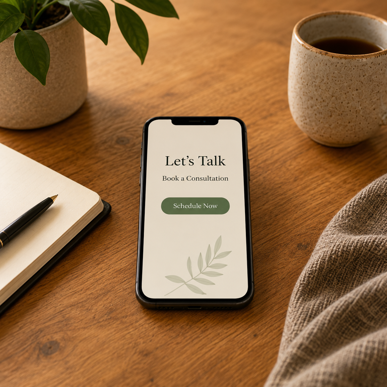Smartphone on wooden desk displaying a consultation booking screen with text 'Let's Talk' and a 'Schedule Now' button, alongside a notebook with a pen, a cup of coffee, a potted plant, and a cloth.