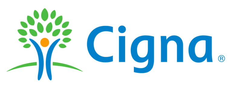 Cigna logo featuring a stylized tree with a yellow circle as the sun and the word 'Cigna' in blue letters for a therapy office that takes insurance.