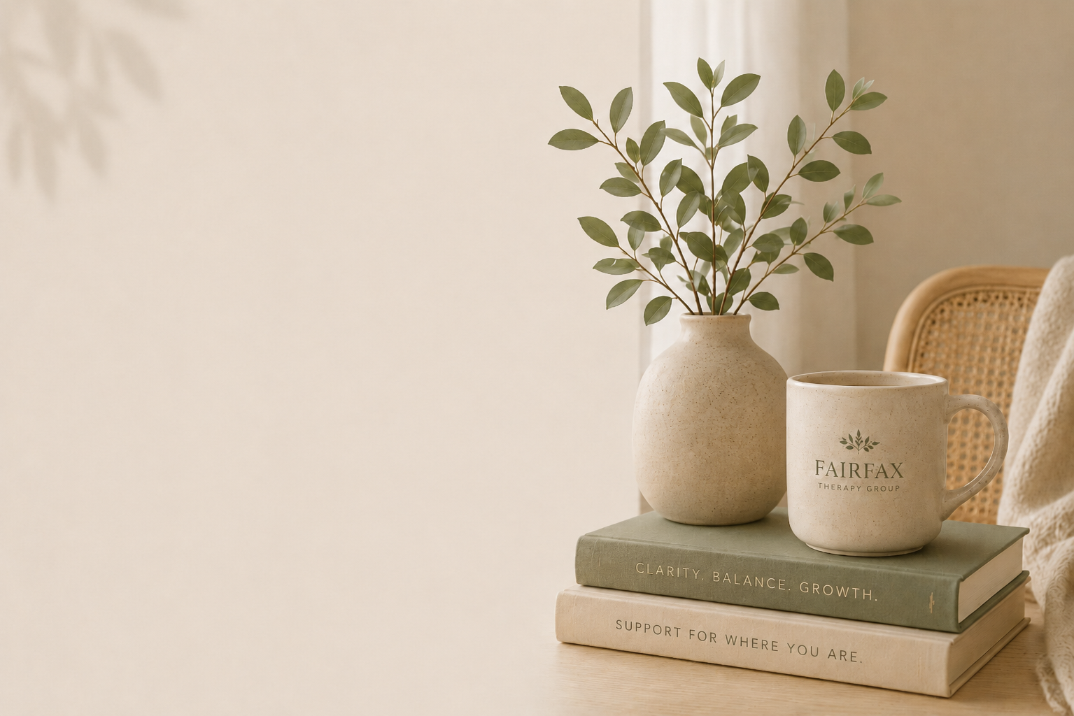 A beige ceramic vase with green leafy branches, a white mug with 'Fairfax Therapy Group' printed on it, and two stacked books with neutral-colored covers on a wooden surface against a soft, neutral background.