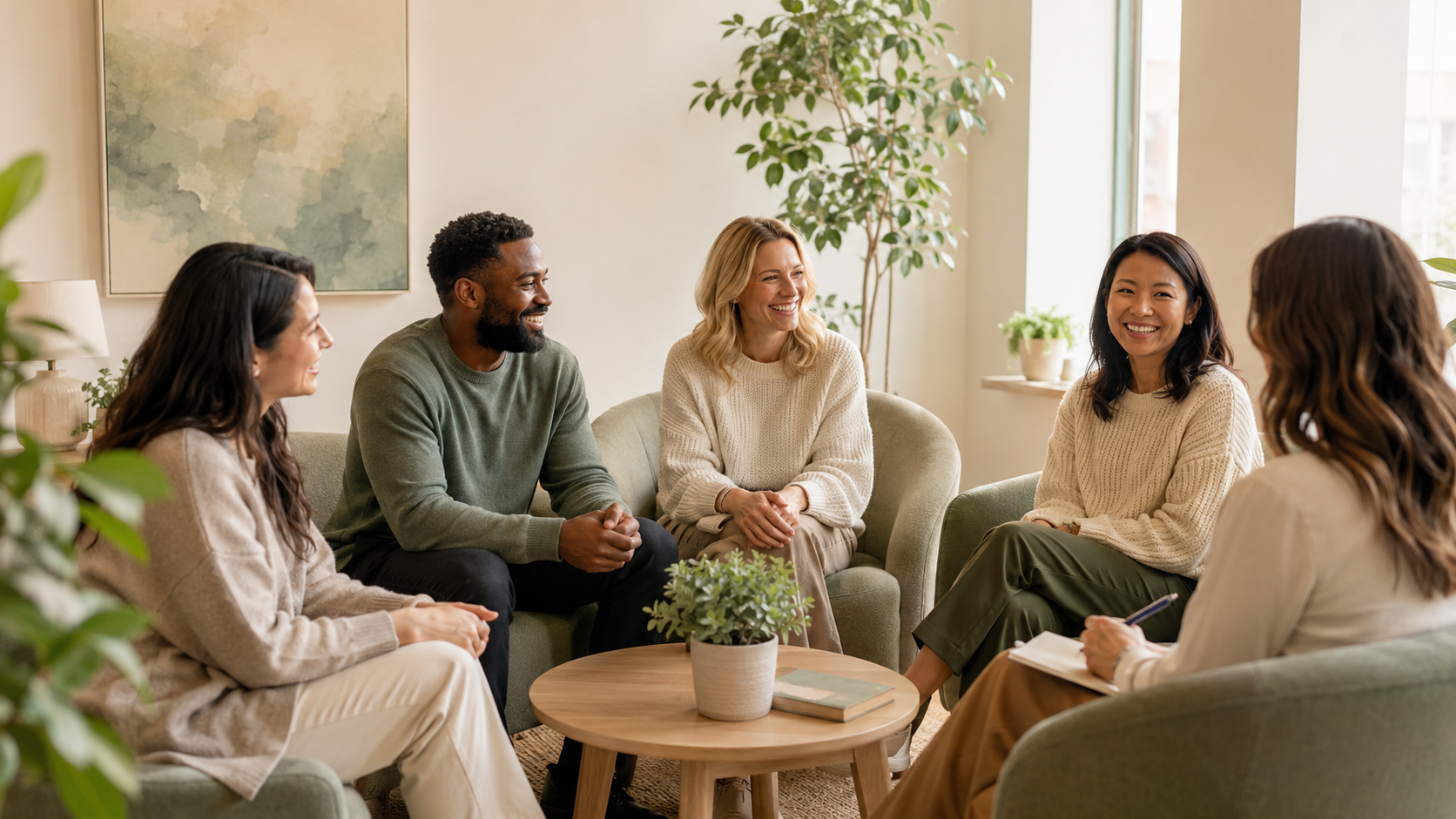 A diverse group of five therapists consulting each other about their therapy client's.